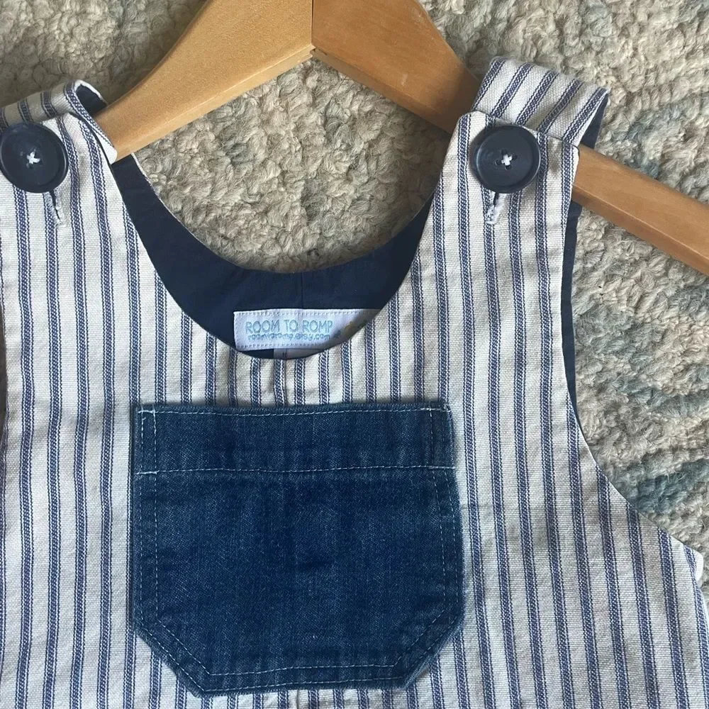 Room to Roup Baby Blue white Lined overalls striped denim Button Overalls Sz 18m